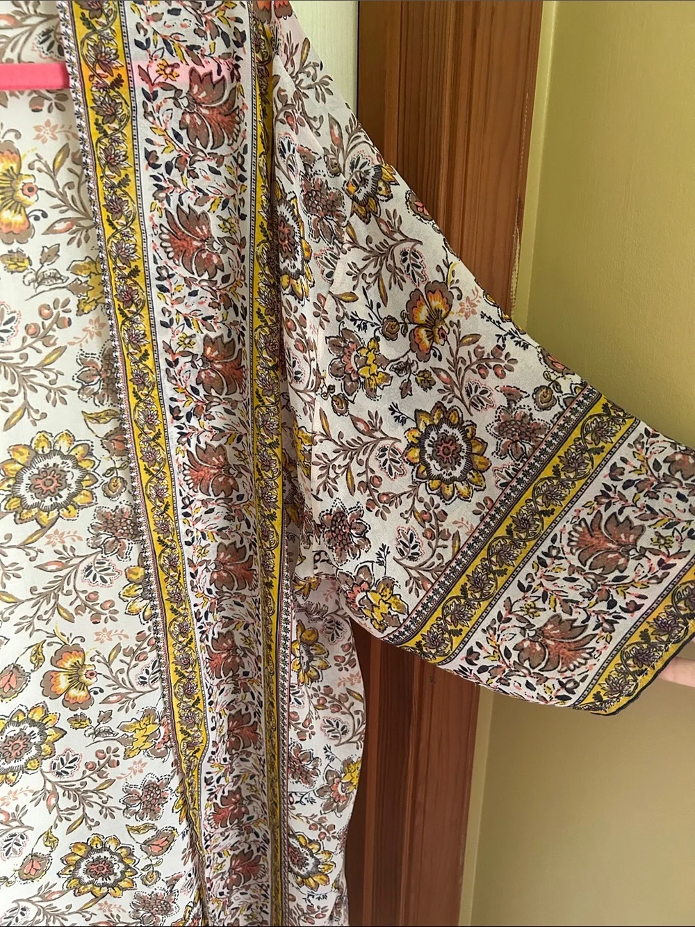 Open-Front Paisley Floral Kimono Tunic - Cream & Yellow